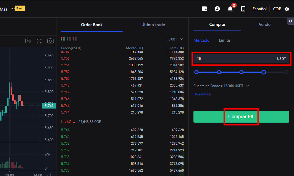 Comprar FIL con USDT en Spot en BingX